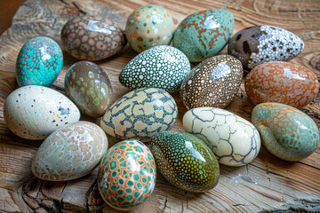 Fototapeta premium Hand-painted ceramic eggs with various patterns