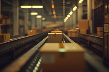various boxes moving along a conveyor belt in a warehouse