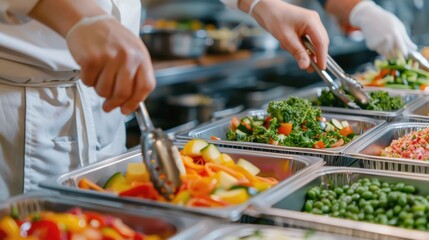 Close up shot of various nutritious and senior friendly meal portions being carefully prepared and plated in a commercial kitchen environment