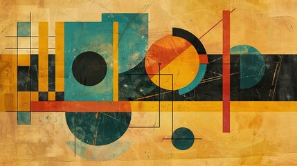 Abstract Geometric Composition with Circles and Squares on a Yellow Background
