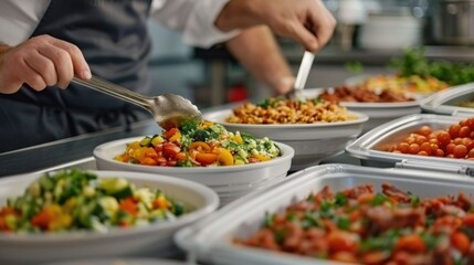 A photograph showcasing various senior friendly food portions being carefully prepared and artfully served on diverse plates in a bustling restaurant kitchen