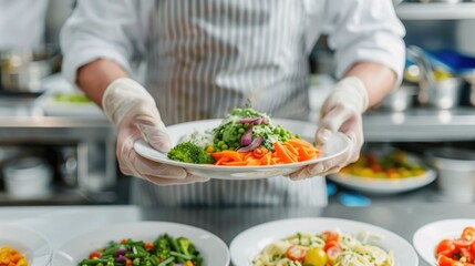 Naklejka premium Professional chef in restaurant kitchen carefully preparing and serving delicious senior friendly meal portions with fresh healthy ingredients and attention to visual presentation