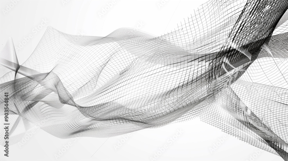 Poster collection of abstract technology design elements featuring wire mesh line art.