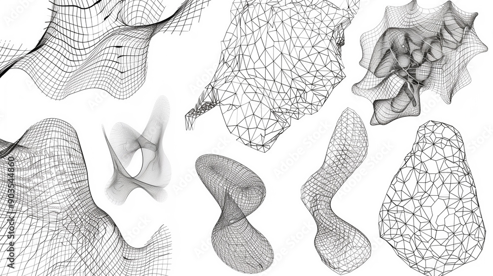 Poster collection of abstract technology design elements featuring wire mesh line art.
