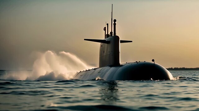 Nuclear Naval modern submarine on open sea surface.