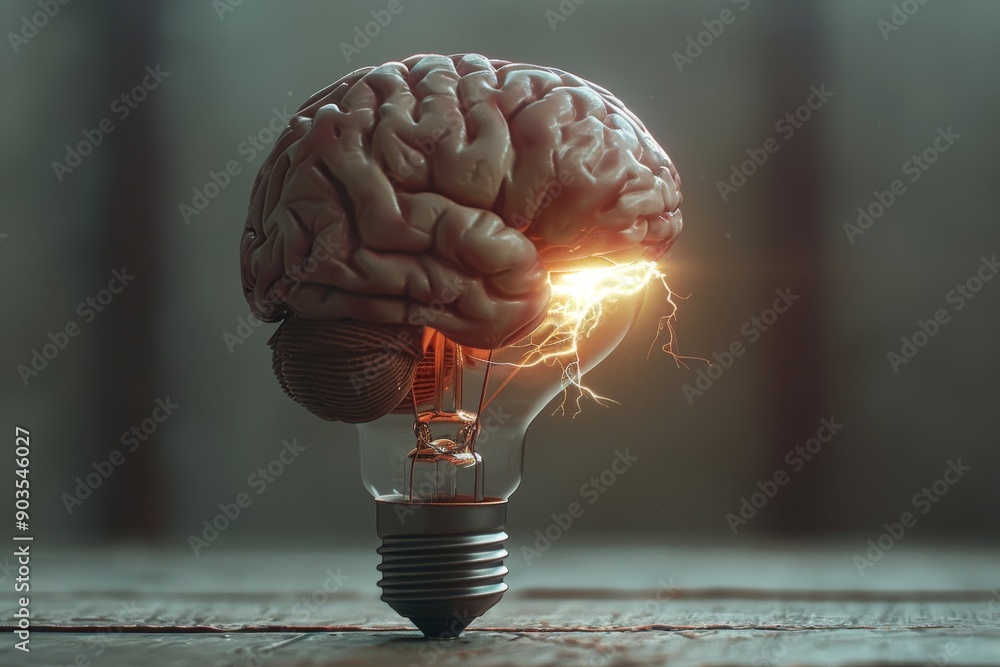 Sticker Brain Light Bulb with Sparks in Dark Setting Representing Brilliant Ideas and Intelligence