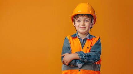 Portrait photography of a cute little Worker professional happy smiling arm crossing, studio shot isolated on single color background ,editorial style, shoot by DSLR.