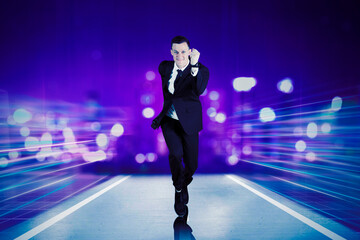 Portrait of a Caucasian businessman running with futuristic cyberspace background