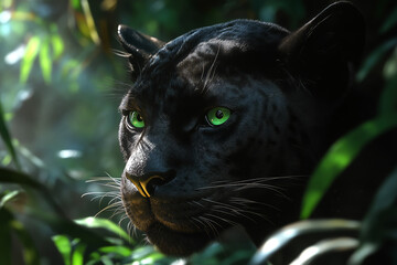 close up of a black panther in the jungle