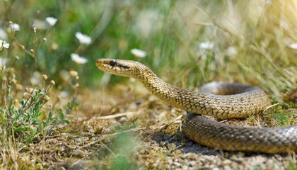 close up and selective focus side view of rat snake on head, the snake crawls on the dry twigs, reptiles on the tree branches.