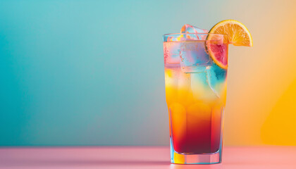 A refreshing multi-colored cocktail with ice and a lemon slice garnished on the rim, set against a vibrant gradient background.