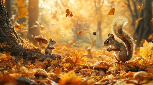 An autumnal forest with a carpet of fallen leaves, mushrooms sprouting, and squirrels gathering nuts, reflecting the seasonal changes in nature 