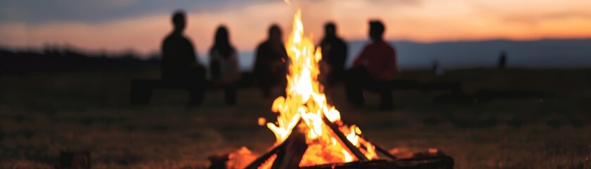 Fototapeta premium Group of people sitting around a campfire at dusk, enjoying the warmth and glow under a beautiful sunset sky.