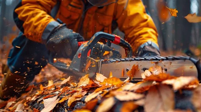 The labourer using a chainsaw to chop down the tree,