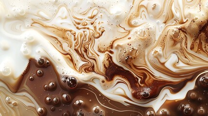 Milk and coffee swirls creating intricate patterns, organic shapes, soothing and artistic