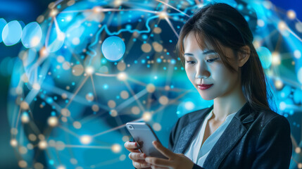 Businesswoman using a smartphone with global network connections and customer data interactions on a blue background, showcasing digital marketing, data exchanges, and technology innovation