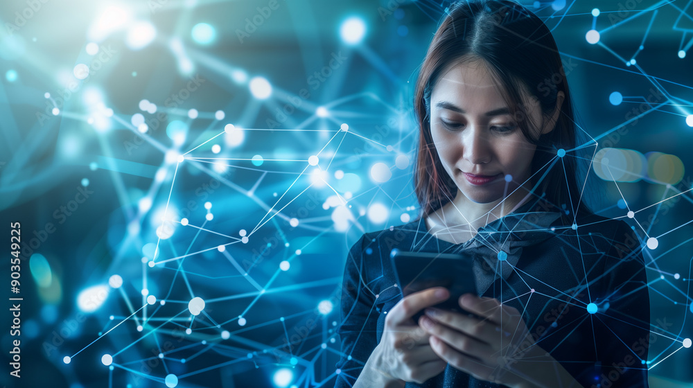 Poster businesswoman using a smartphone with global network connections and customer data interactions on a
