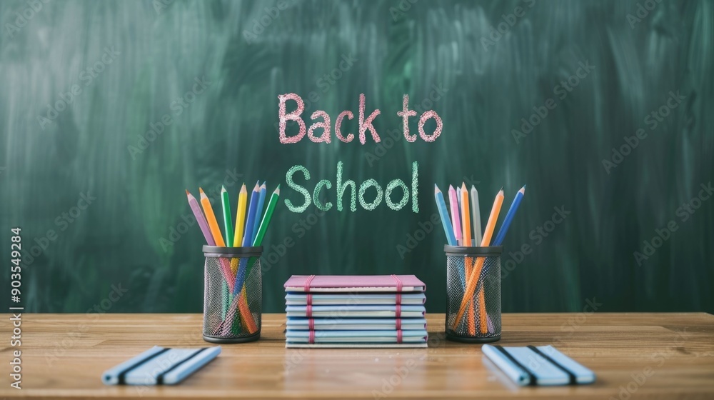 Poster colorful back to school scene with chalkboard displaying back to school and stacks of notebooks penc