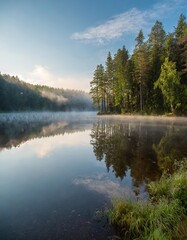 Cold summer morning in the forest with lake, forest reflection and mist on the water surface