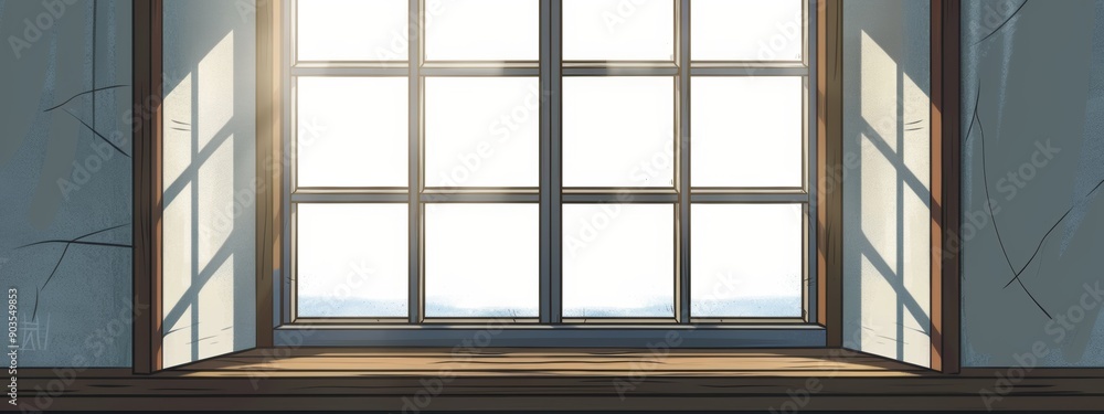 Poster a large rectangular window in the center, simple window frames, beautiful cartoon symmetrical backgr