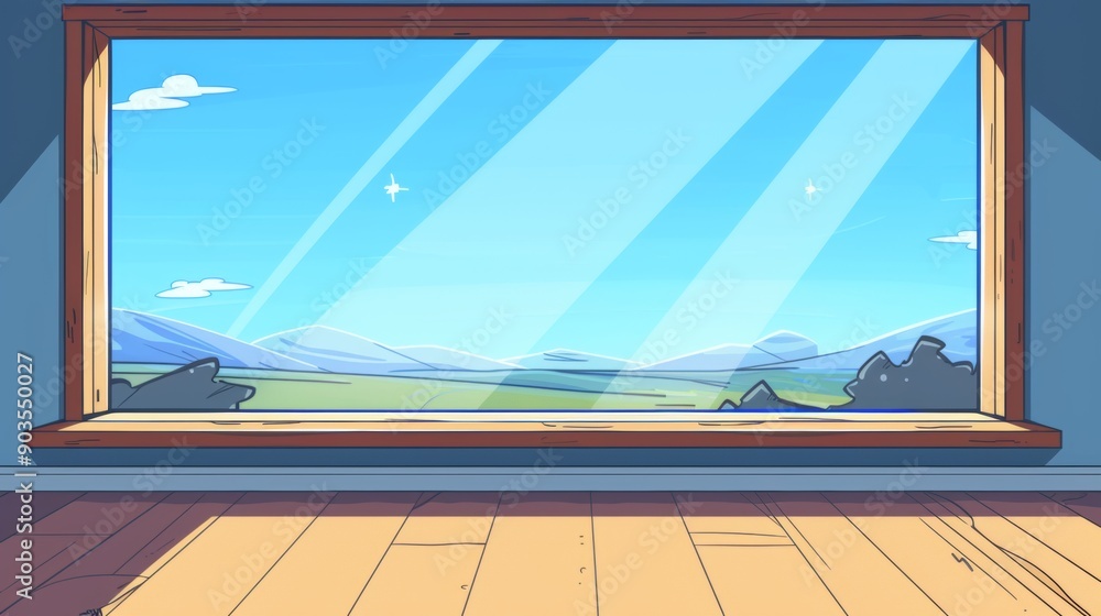 Poster a large rectangular window in the center, simple window frames, beautiful cartoon symmetrical backgr