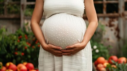 Closeup of pregnant woman s belly with hands holding fresh fruits and vegetables representing healthy pregnancy nutrition tips and guidance