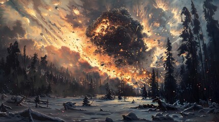 Depiction of the Enigmatic Tunguska Explosion in Siberian Wilderness