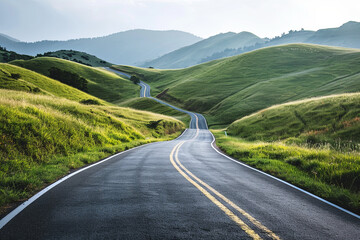 Fototapeta premium Straight road winding through a landscape, symbolizing ethics