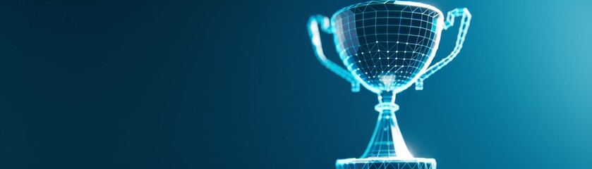 Illuminated Excellence - Digital Wireframe Trophy Symbolizing Achievements and High Standards on Dark Blue and Silver Gradient Background with Text Space