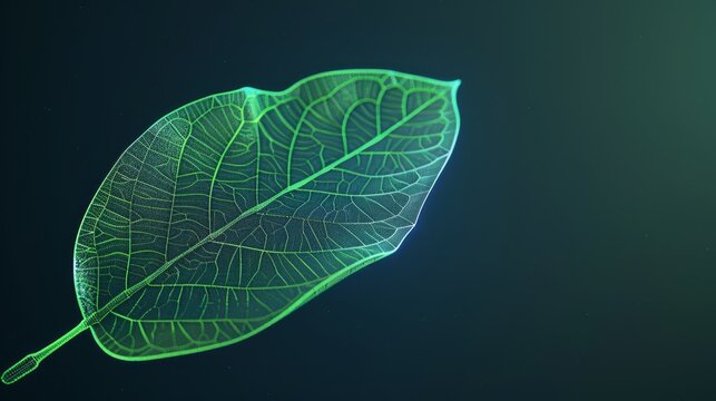 Eco-Friendly Digital Wireframe of Glowing Leaf Growth Renewal with Gradient Background for Environmental Content