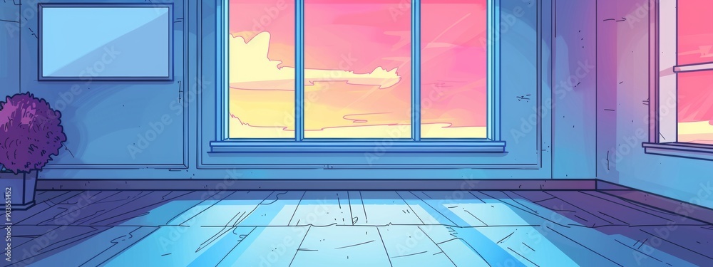 Poster a large rectangular window in the center, simple window frames, beautiful cartoon symmetrical backgr