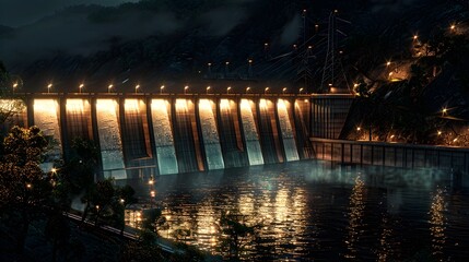A Dramatic Night Scene of an Illuminated Dam Reflected in the River