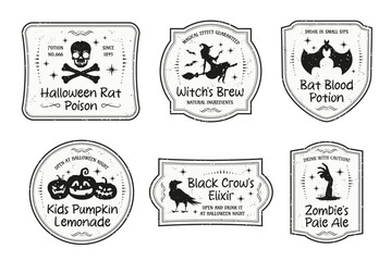 Halloween magic potion bottle labels, Isolated vector set of monochrome grunge badges for brew in retro style with a menacing skull and crossbones, witch on broom, raven, bat, pumpkins and zombie hand