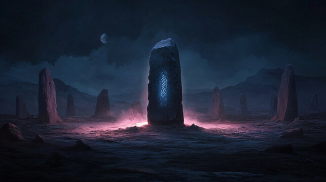 A single, ancient rune stone stands in the center of a stone circle, its symbols glowing with an otherworldly light. The stone is weathered and cracked, but its power is still evident. The