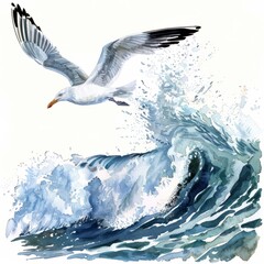 Fototapeta premium Watercolor painting of a seagull soaring high above crashing ocean waves, on isolated white background, Generative AI