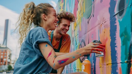 Fototapeta premium A couple painting a mural together on an outdoor wall, their hands covered in paint and smiles on their faces, creating art as a team.