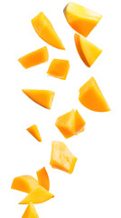 Falling Mango chunks isolated on white background, full depth of field, transparent png background