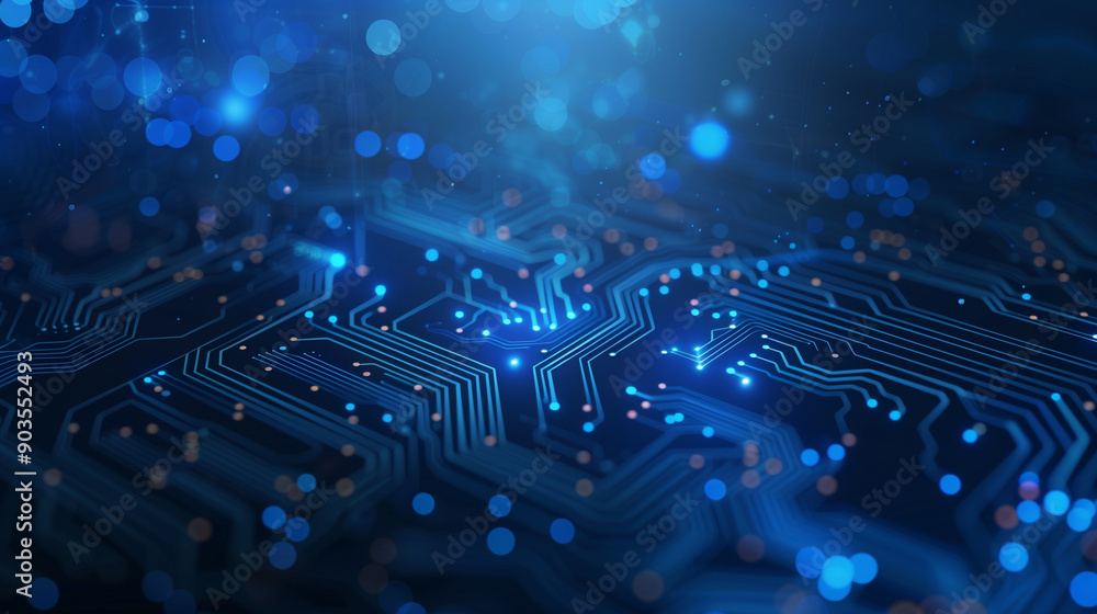 Poster vector illustration of a blue circuit board on a dark background, showcasing a high-tech connection 