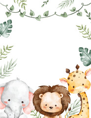 Watercolor Illustration Tropical Leaves Frame With Safari Animals © Stella