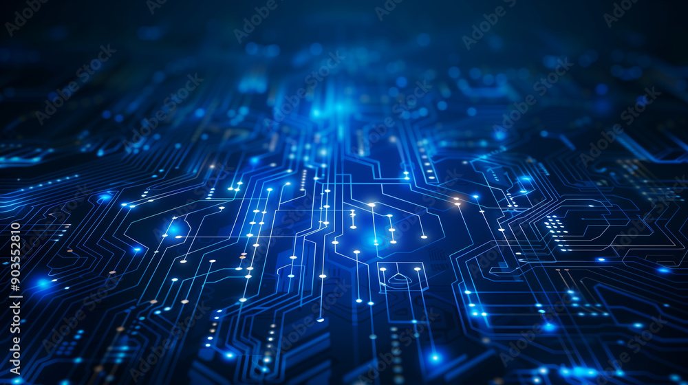 Poster vector illustration of a blue circuit board on a dark background, showcasing a high-tech connection 