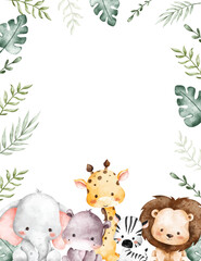 Watercolor Illustration Tropical Leaves Frame With Safari Animals © Stella