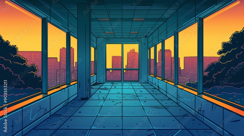 Poster a large rectangular window in the center, simple window frames, beautiful cartoon symmetrical backgr