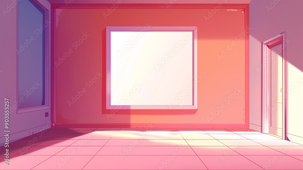 Poster a large rectangular window in the center, simple window frames, beautiful cartoon symmetrical backgr