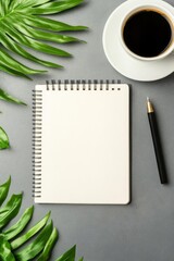 Professional workspace with notebook and pen, topdown view, copy space