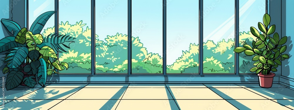 Poster a large rectangular window in the center, simple window frames, beautiful cartoon symmetrical backgr