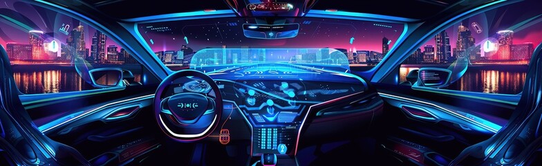 Futuristic Car Interior with Cityscape View