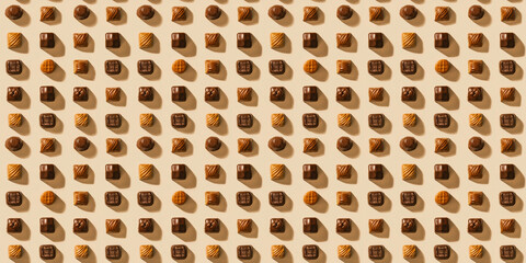 A pattern backgeound of various caramels arranged symmetrical with shadow effects, creating a sense of depth, on a cream background with shadows