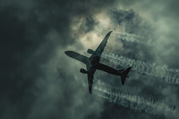 Silhouette of a plane and its shadow on clouds