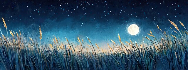 Studio Ghibli-Inspired Night Scene: Tall Grass Under the Moon