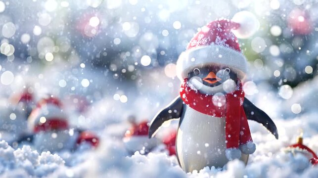a festive wallpaper featuring cute penguin dressed in Santa hats and scarves, christmas decoration tree. seamless looping time-lapse virtual 4k video animation background